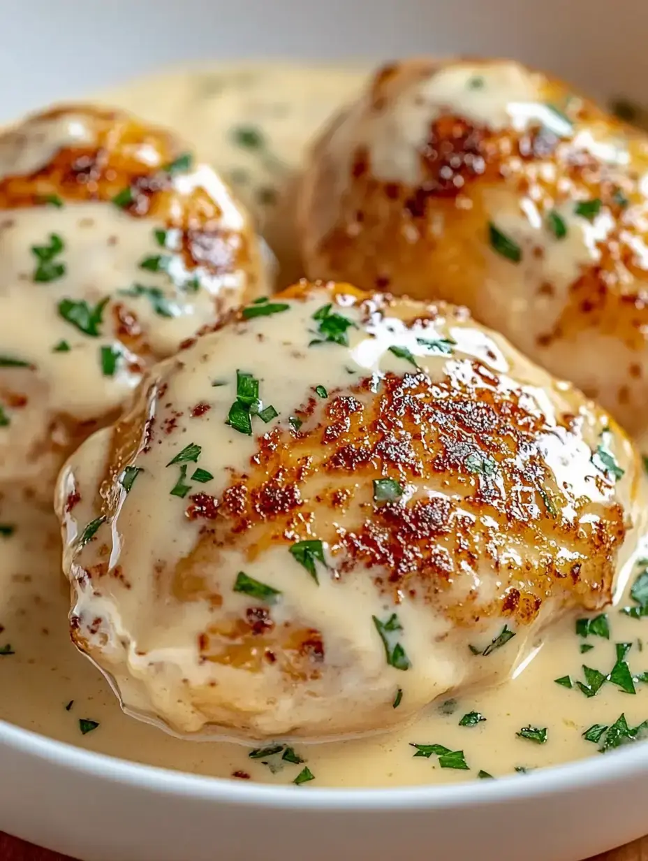 Two crisply seared meat pieces laying in cream sauce, finished with a bit of chopped parsley.