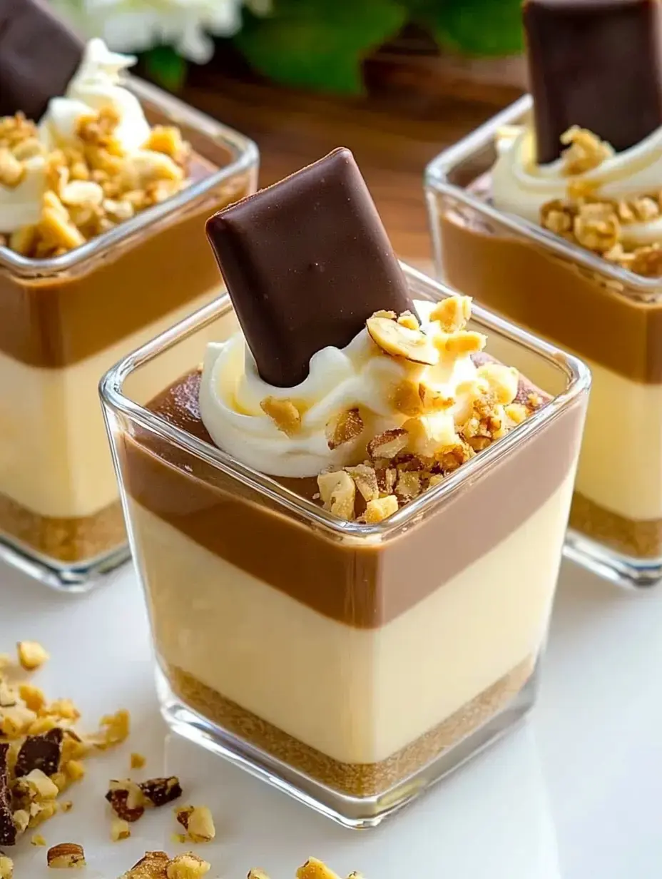 A dessert in a glass with layers of vanilla pudding, chocolate pudding, cream, chopped nuts and a piece of chocolate on top.