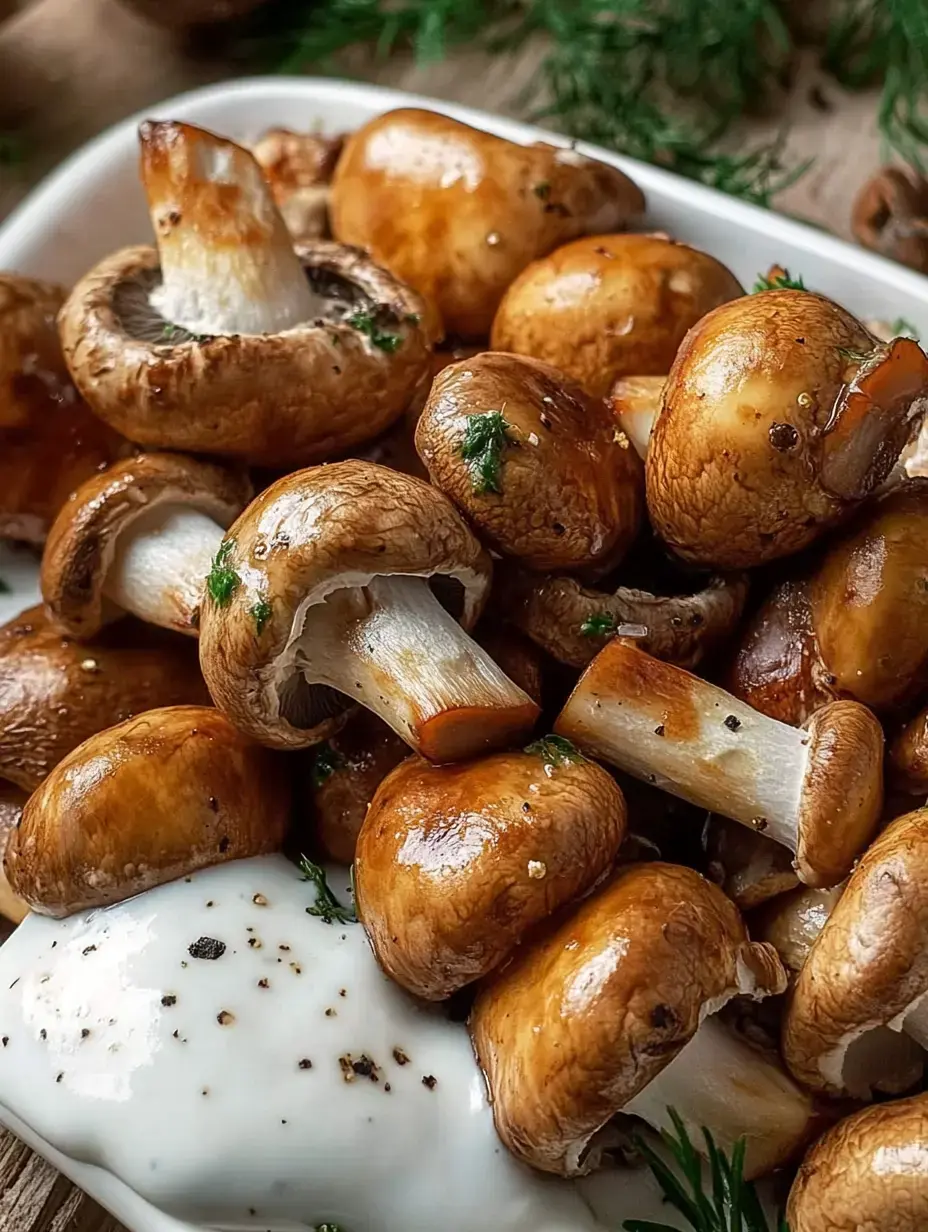 A plate of pan-fried mushrooms with chopped herbs and a dollop of yogurt dip on the side.