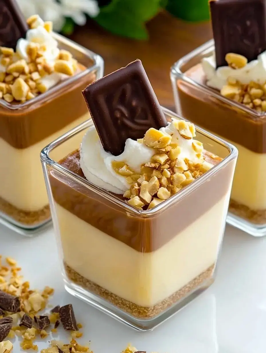 Three dessert glasses with layers of pudding, a dollop of cream, chopped nuts and a chocolate on top.