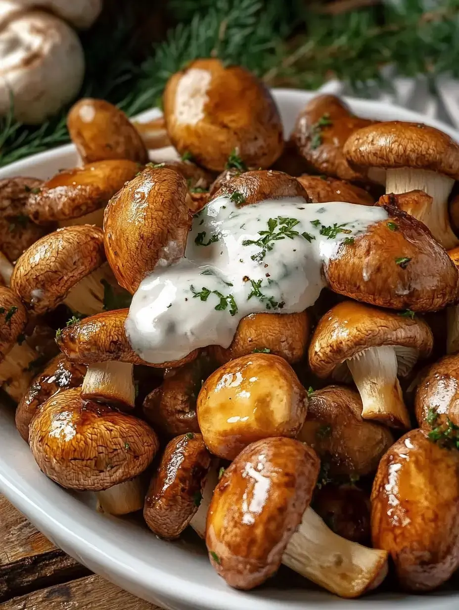 A bowl packed with sautéed mushrooms, drizzled with white sauce and topped with fresh herbs.