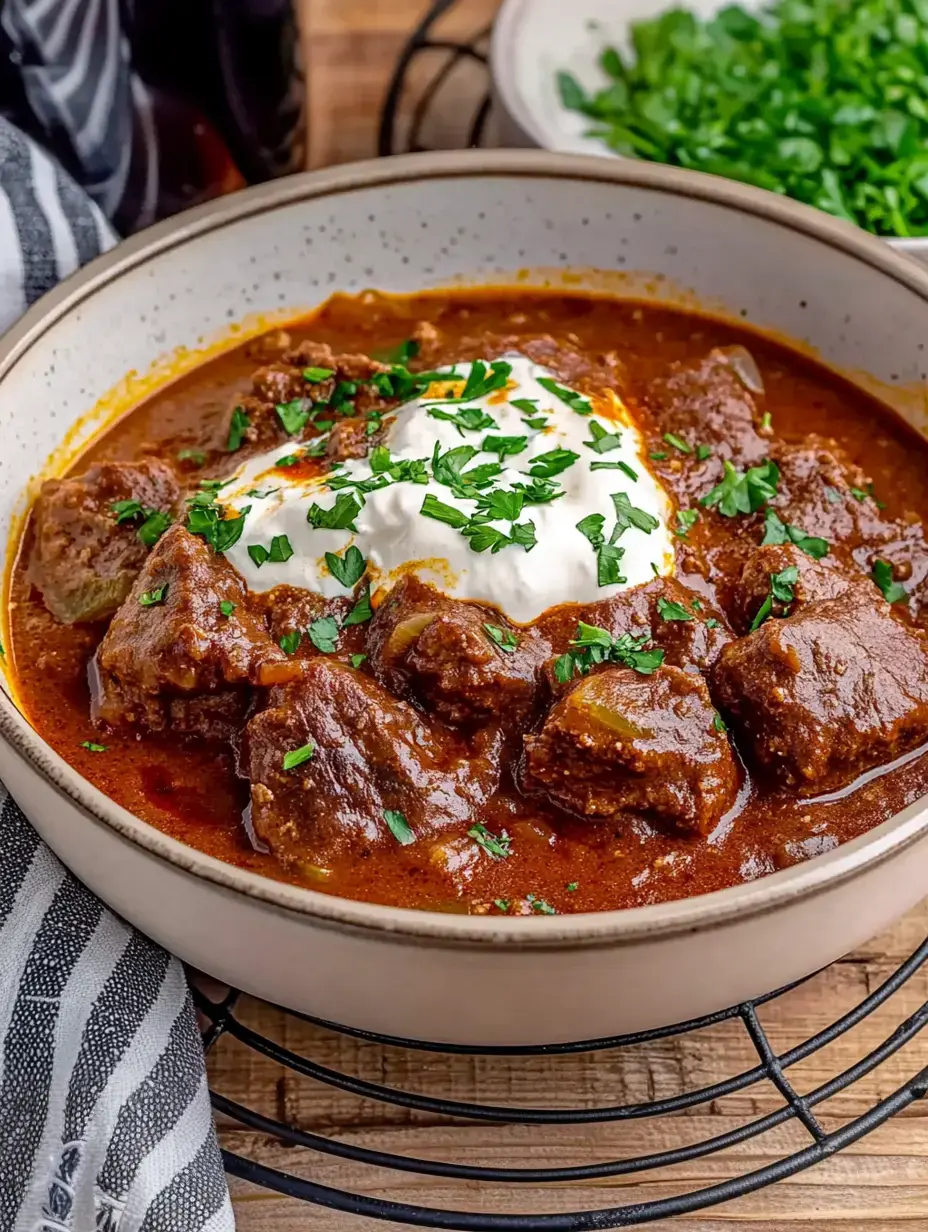 A hearty plate of beef stew, topped with a dollop of sour cream and chopped chives, set on a wooden table.