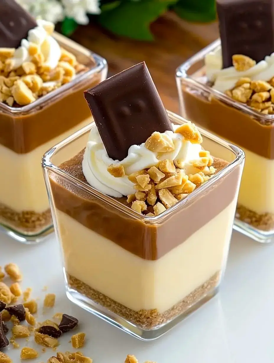 Three glass dessert cups with a layer of pudding, whipped cream and chocolate bar, garnished with chopped peanuts.