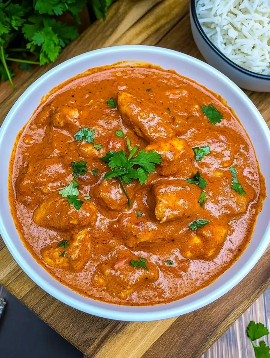 A white bowl containing creamy, orange chicken curry topped with fresh cilantro, placed on a wooden surface with a bowl of rice in the background.