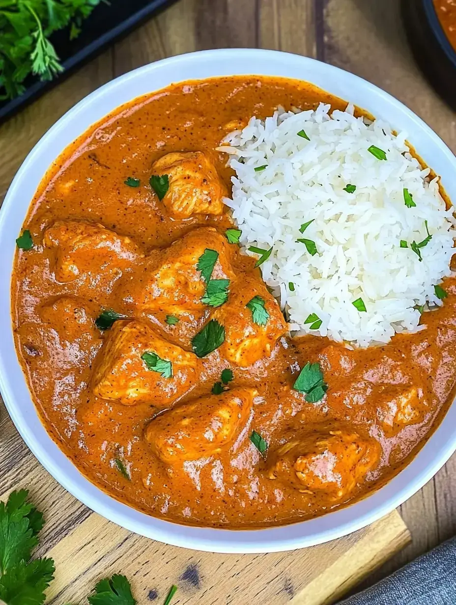 A bowl of spicy chicken in creamy sauce served with tan rice and fresh cilantro.