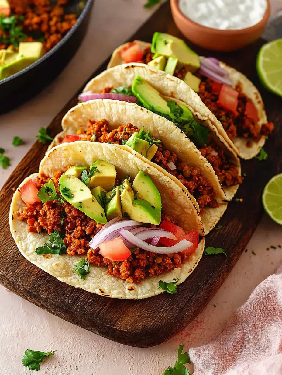 Three loaded tacos on a board, packed with spiced lentil mix, topped with avocado, tomato, onion, and fresh cilantro.