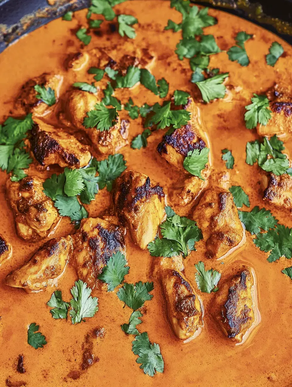 A dish of golden chicken pieces in rich, flavorful red sauce topped with fresh cilantro.