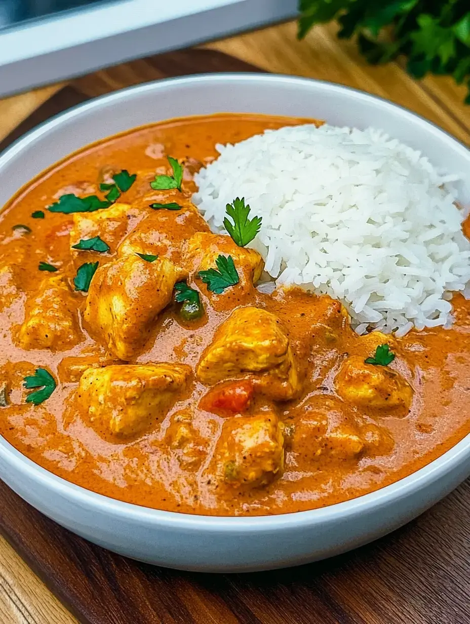 A plate of creamy chicken curry with white rice, decorated with fresh parsley.