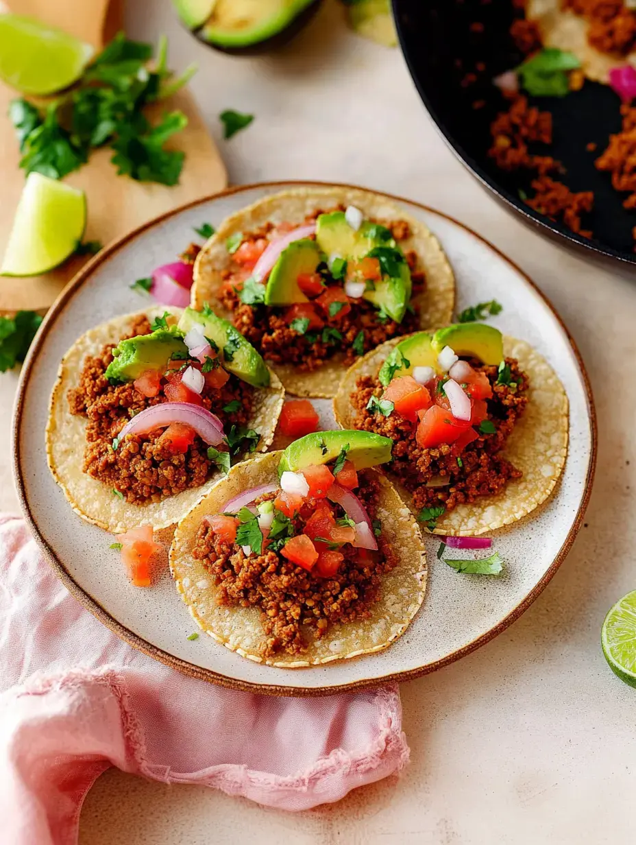 A plate shows four loaded tacos with spiced lentils, fresh tomatoes, avocado, onions, and cilantro, plus some lime wedges for garnish.