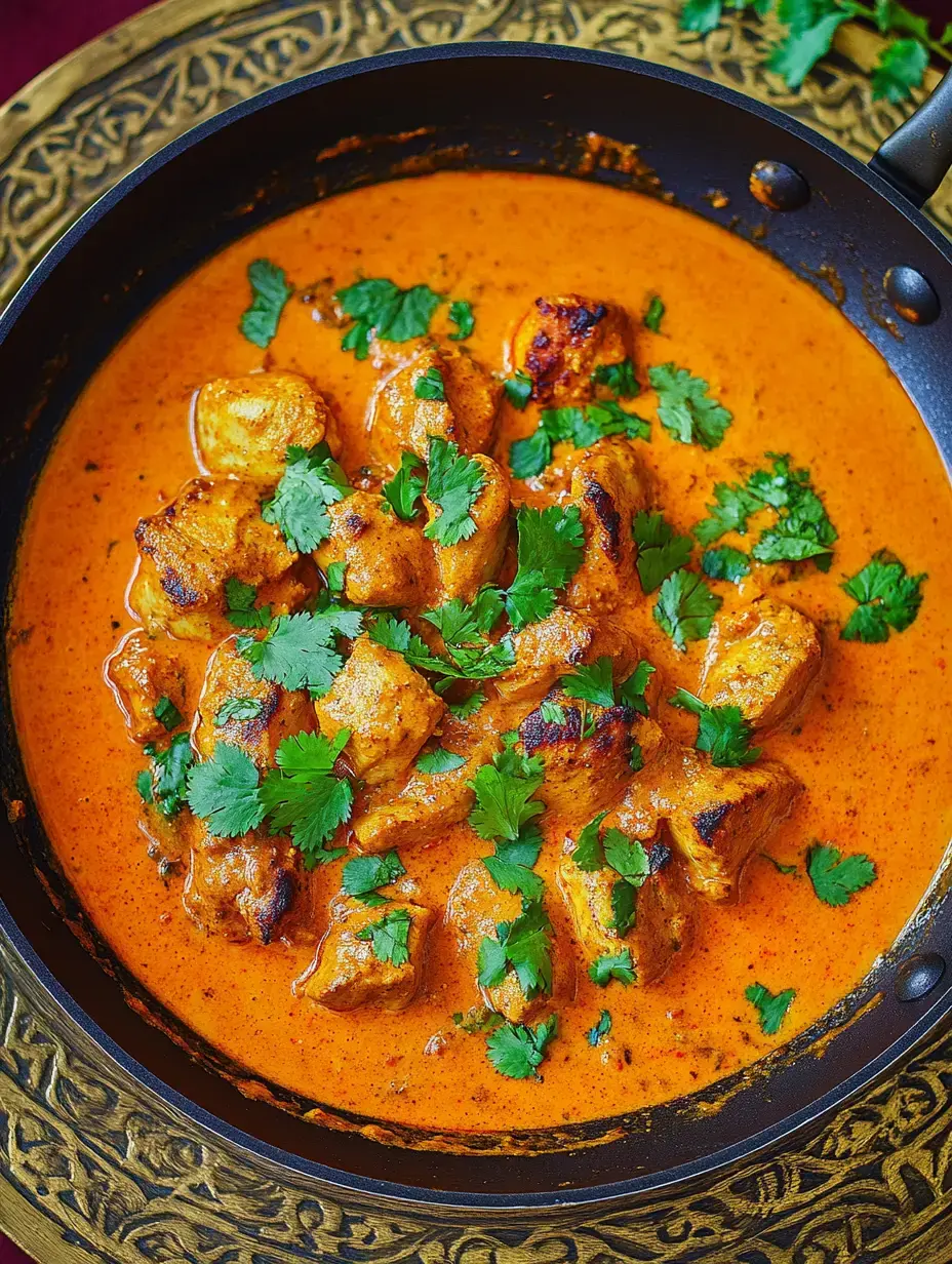 A pot filled with orange curry, packed with chicken chunks and topped with fresh coriander.