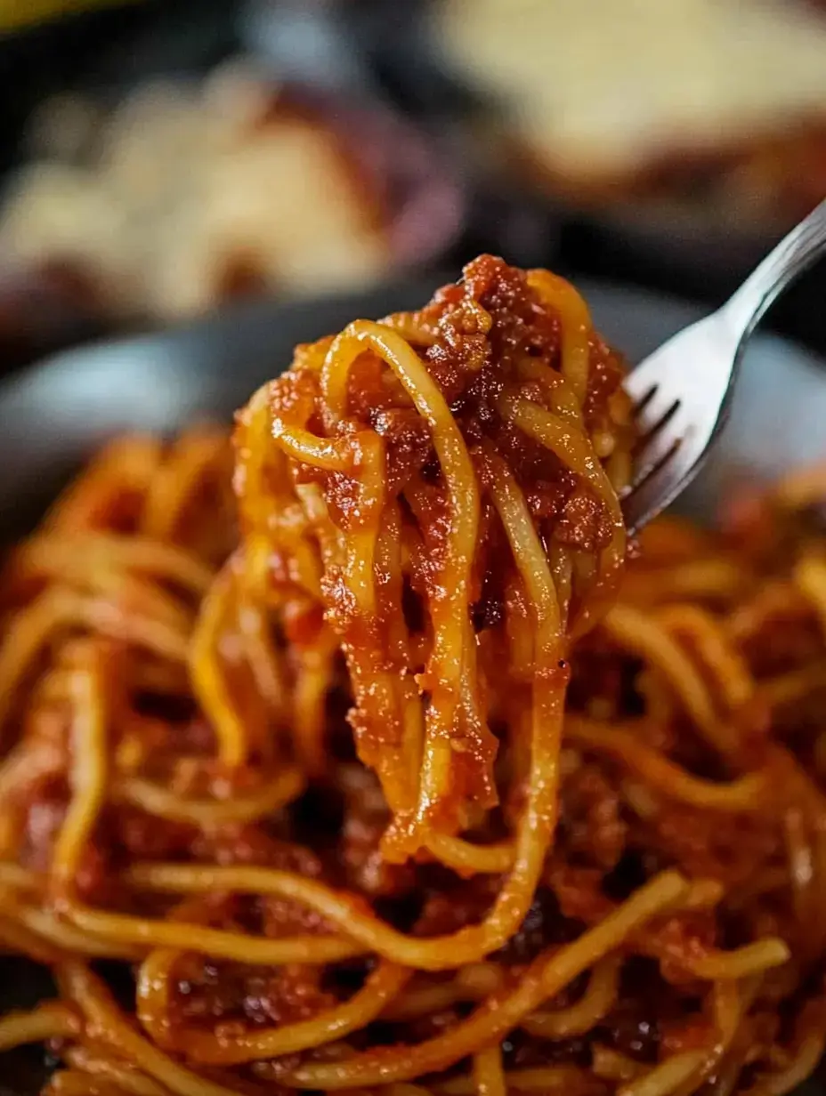 A fork lifting spaghetti covered in tomato sauce above a plate filled with more spaghetti.