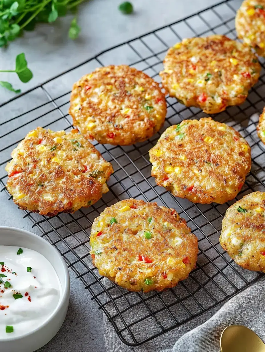 Crunchy veggie patties rest on a cooling rack beside a bowl of creamy dip.