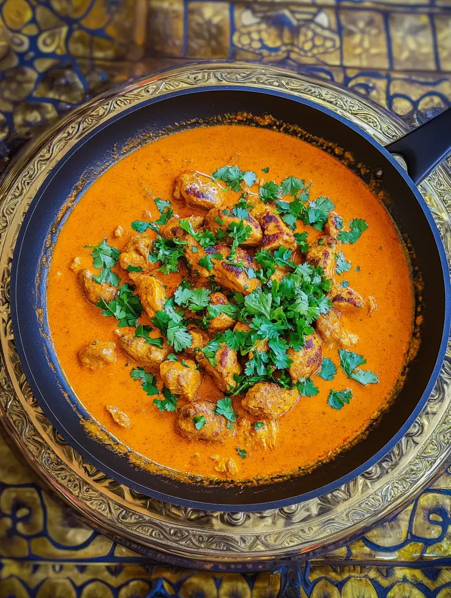 A plate loaded with creamy, spicy chicken curry and fresh cilantro on a lovely tabletop.