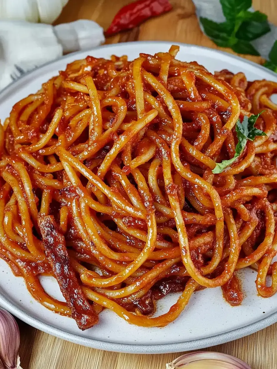 A plate showing glazed spaghetti in red sauce with garlic and chili scattered around.