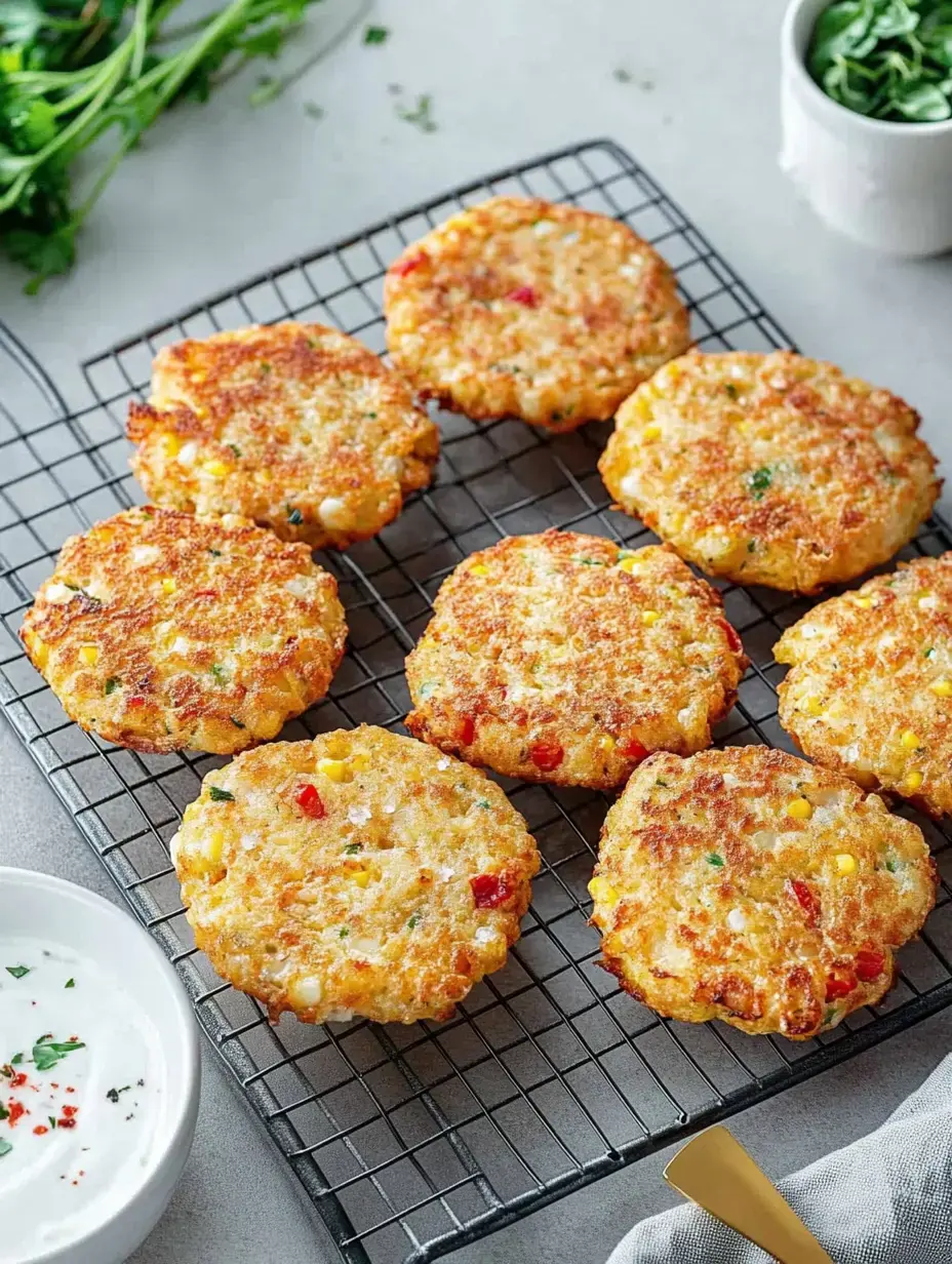 Fried corn-potato patties on a metal rack, beside a small bowl of dip and herbs.