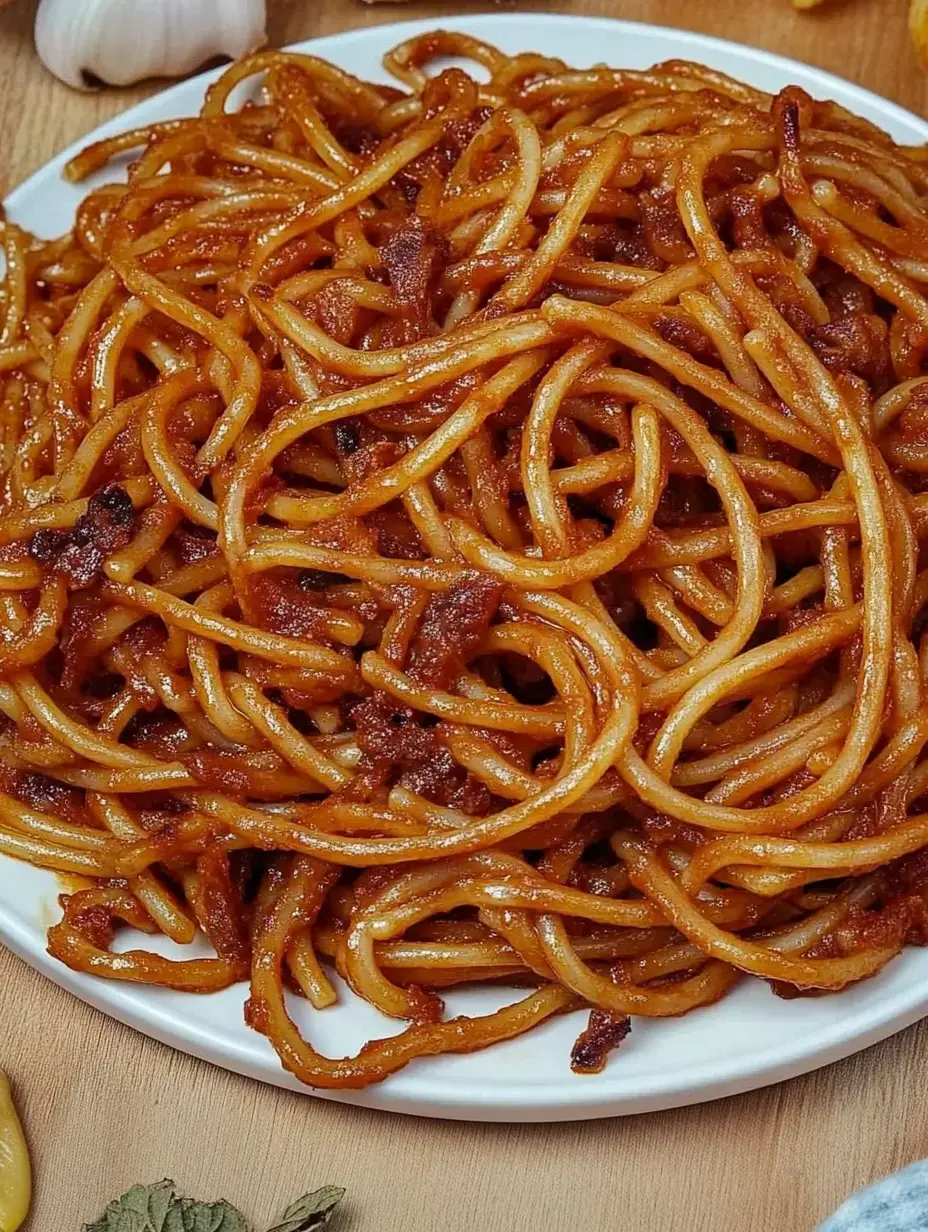 A plate showing fried pasta in a flavorful dark brown sauce surrounded by fresh ingredients.