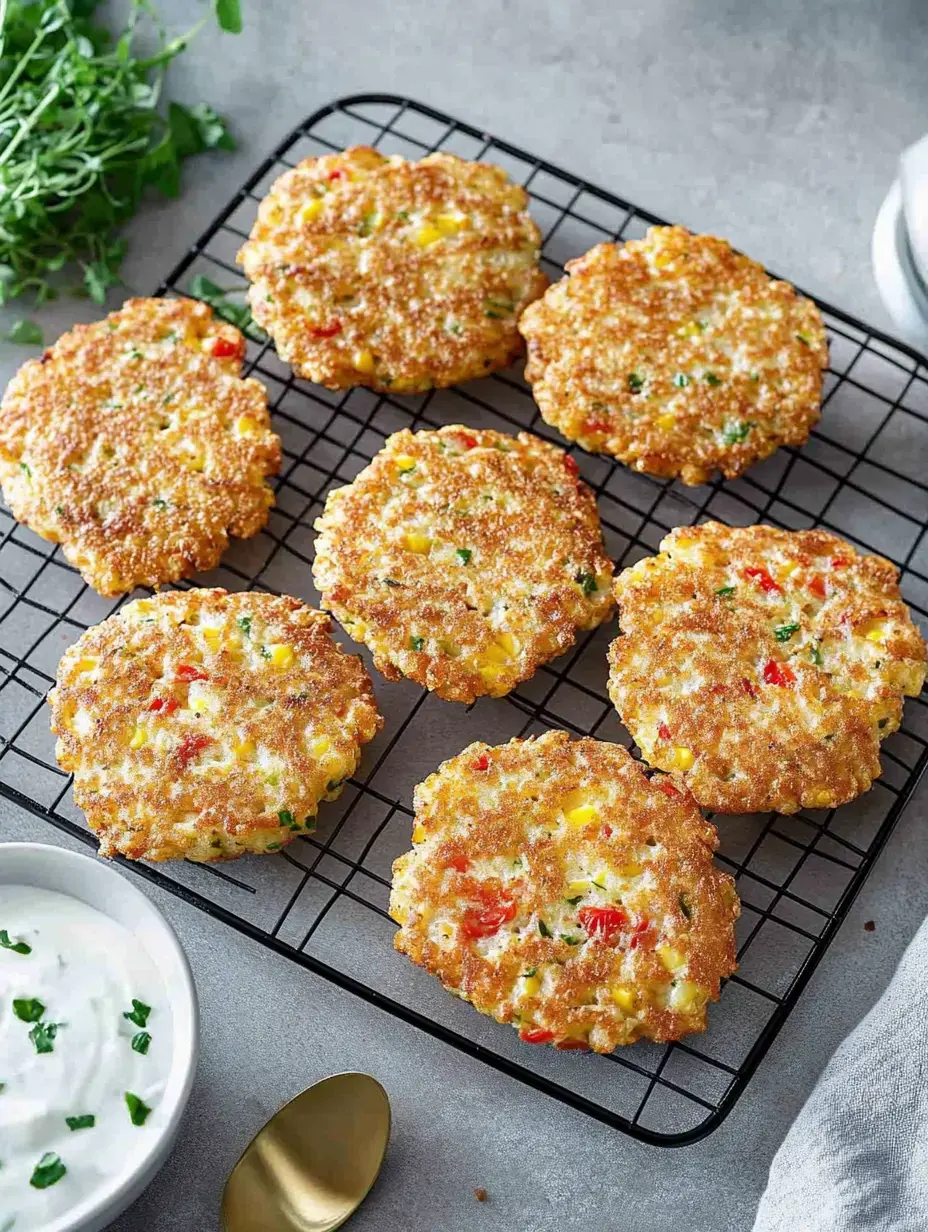 A cooling rack with seven nicely browned veggie rounds plus a bowl of creamy dip in the back.