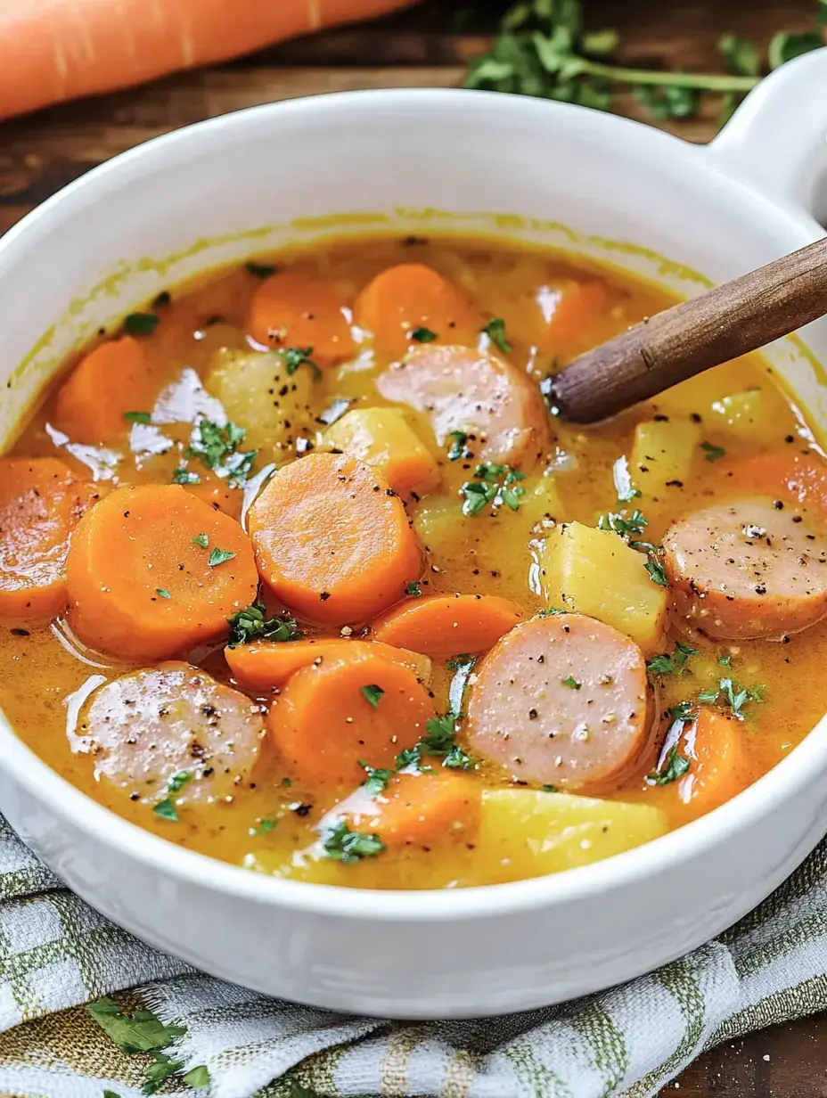 A bowl of vegetable and sausage soup, topped with parsley and surrounded by carrots.