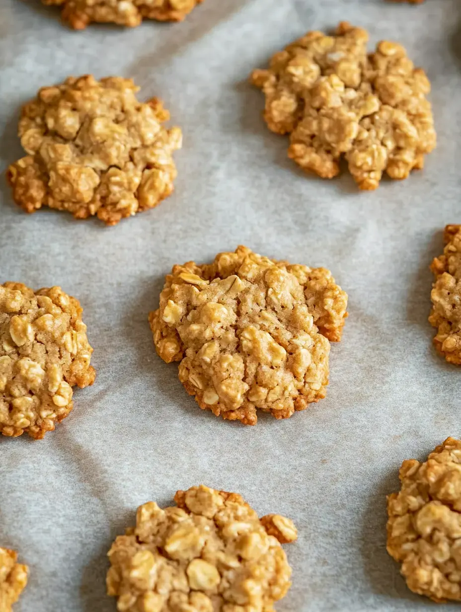 A bunch of oat cookies just baked on parchment paper.