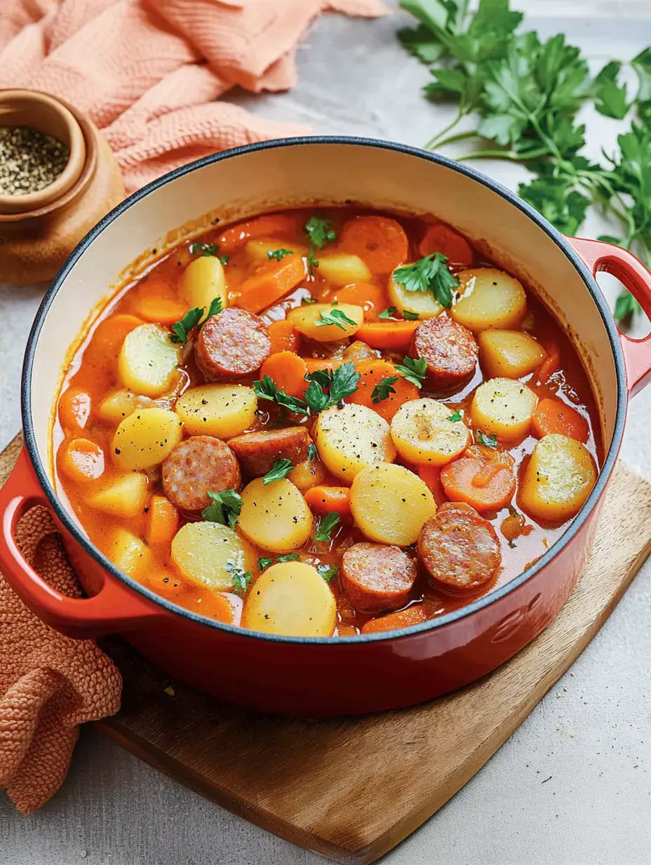 A red pot containing a stew of potatoes, carrots and sausages, garnished with fresh parsley.
