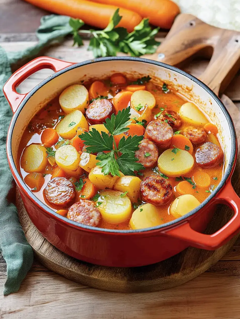A red pot with potato-sausage stew, garnished with fresh parsley, on a wooden board.