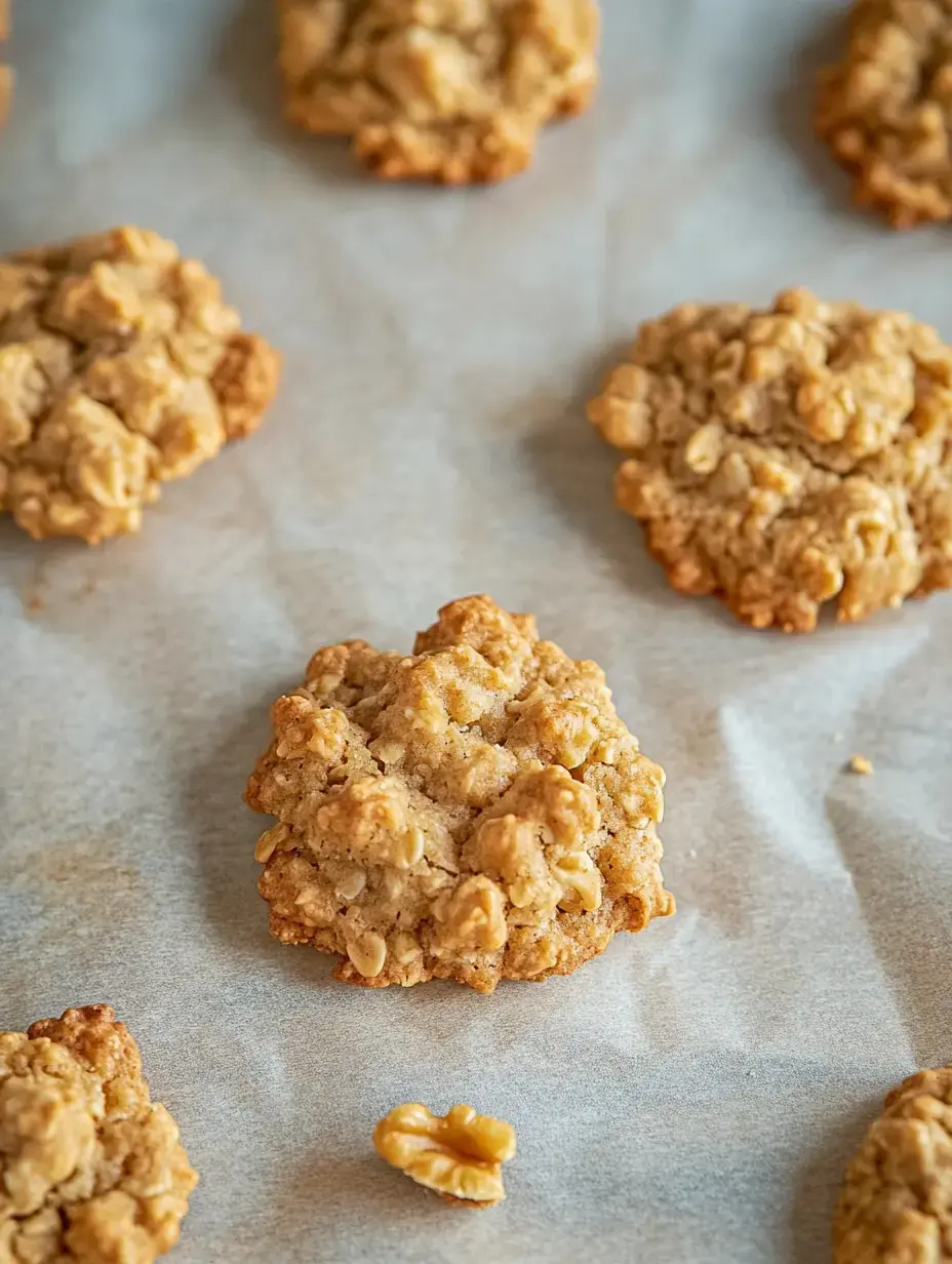 Golden oat cookies with walnuts cooling on baking paper.