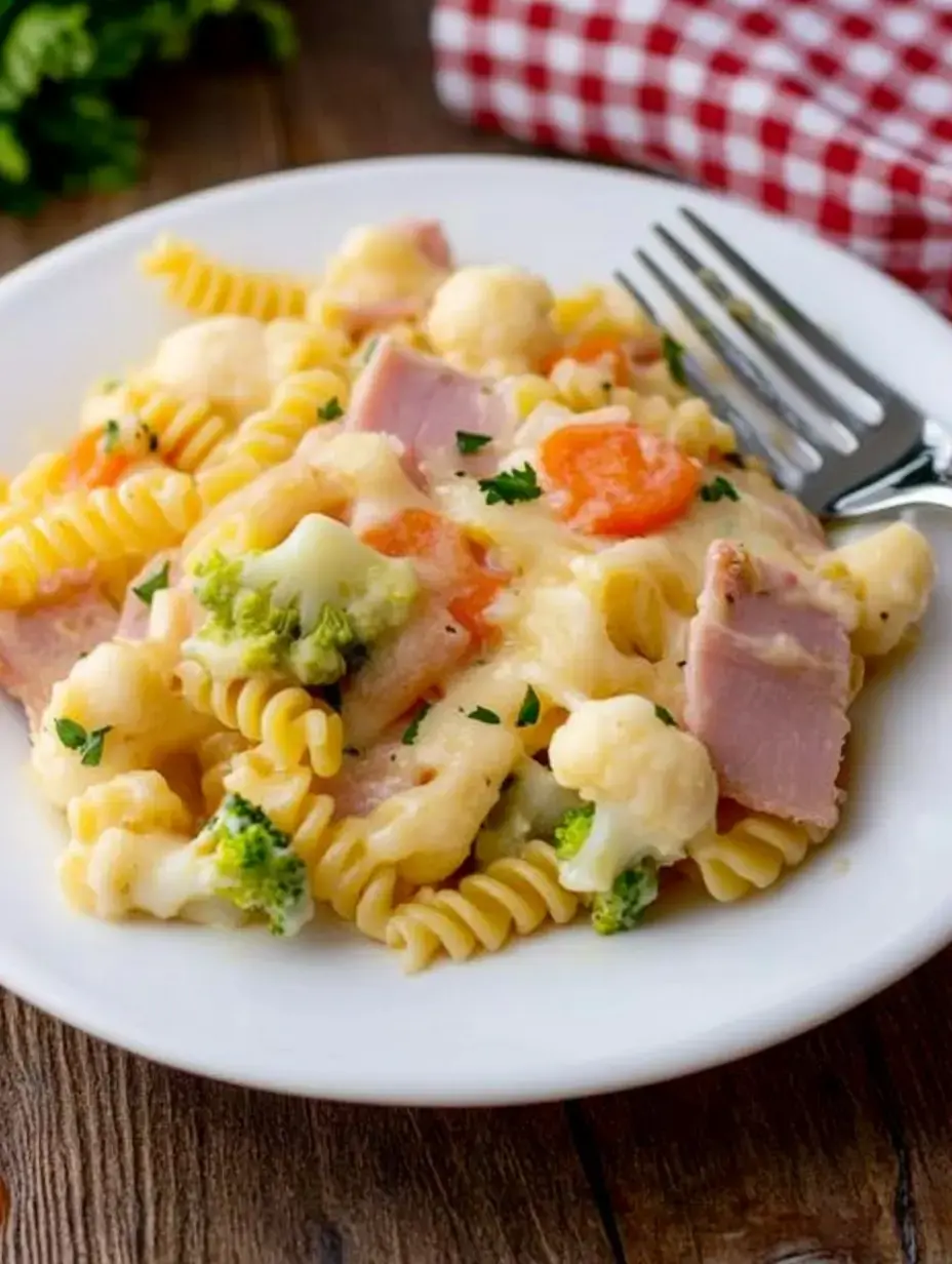 A plate with spiral pasta, ham, broccoli, cauliflower and carrots in a creamy sauce.