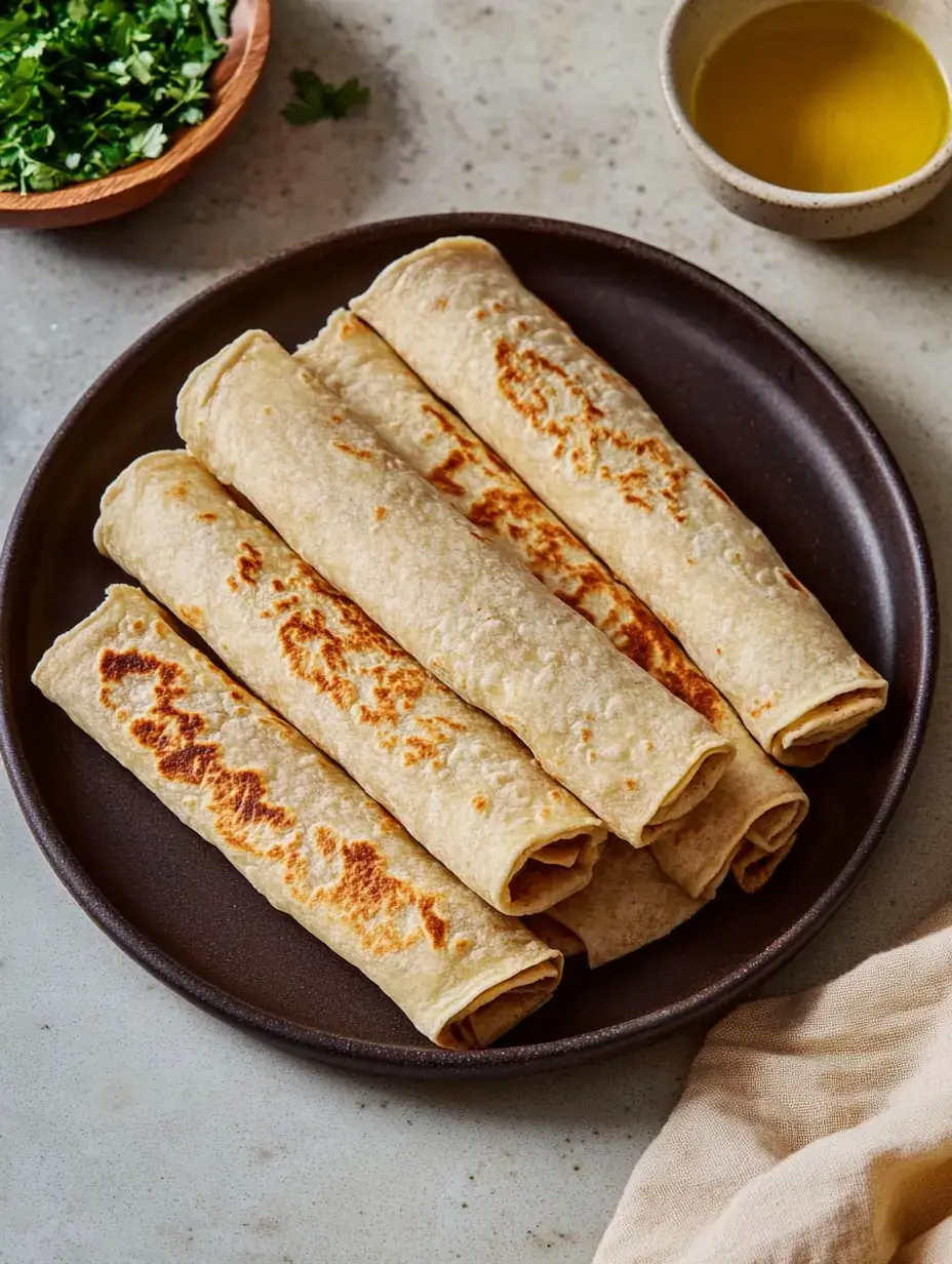 A plate loaded with several golden, freshly cooked tortillas sits on a plain background with a tiny bowl of olive oil and a small wood bowl with chopped cilantro.