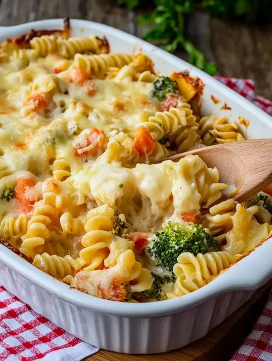 A casserole with spiral pasta, broccoli and melted cheese in a white baking dish.