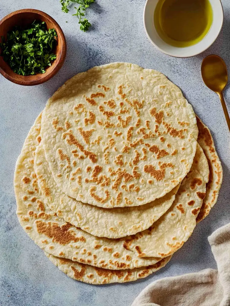 A stack of flatbreads rests on a gray table, next to a small dish of olive oil and a bowl of fresh cilantro.