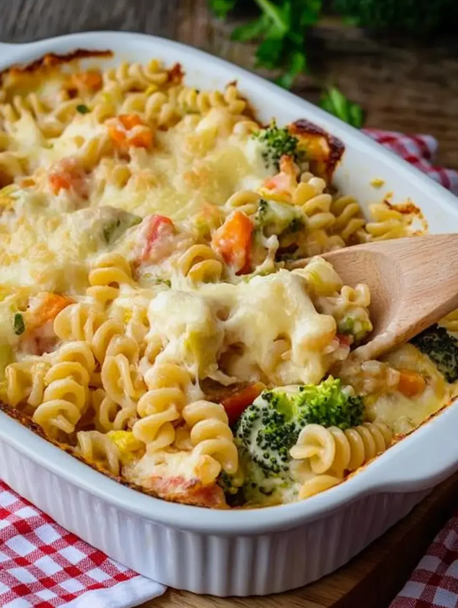 A bake with spiral pasta, broccoli and other vegetables, topped with melted cheese, served in a white casserole dish.