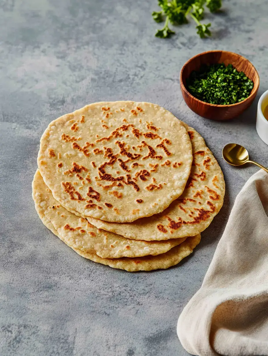 Three golden-brown flatbreads stacked up on a gray surface, next to fresh herbs and a little bowl of chopped chives.