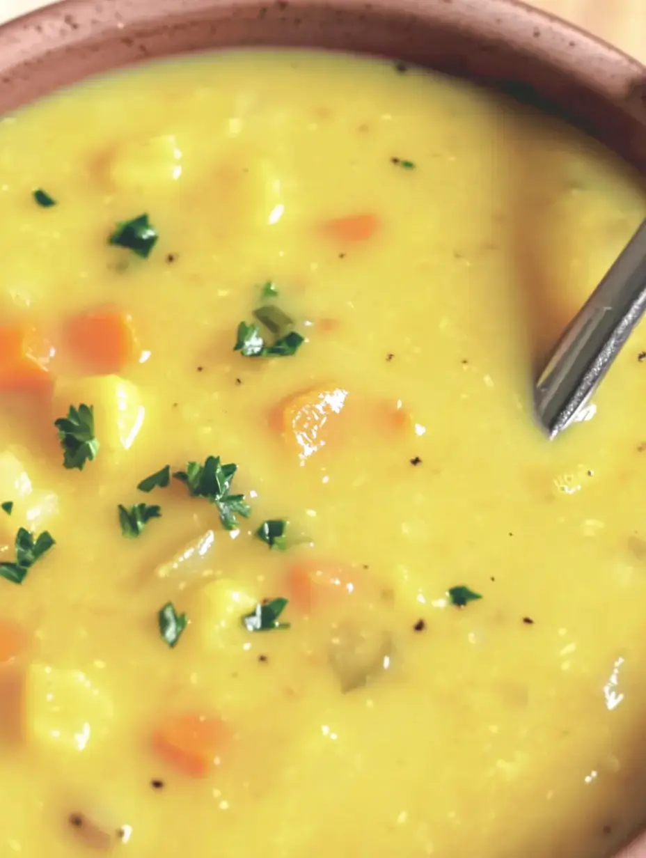 A creamy yellow soup with veggies and fresh chives in a brown bowl.