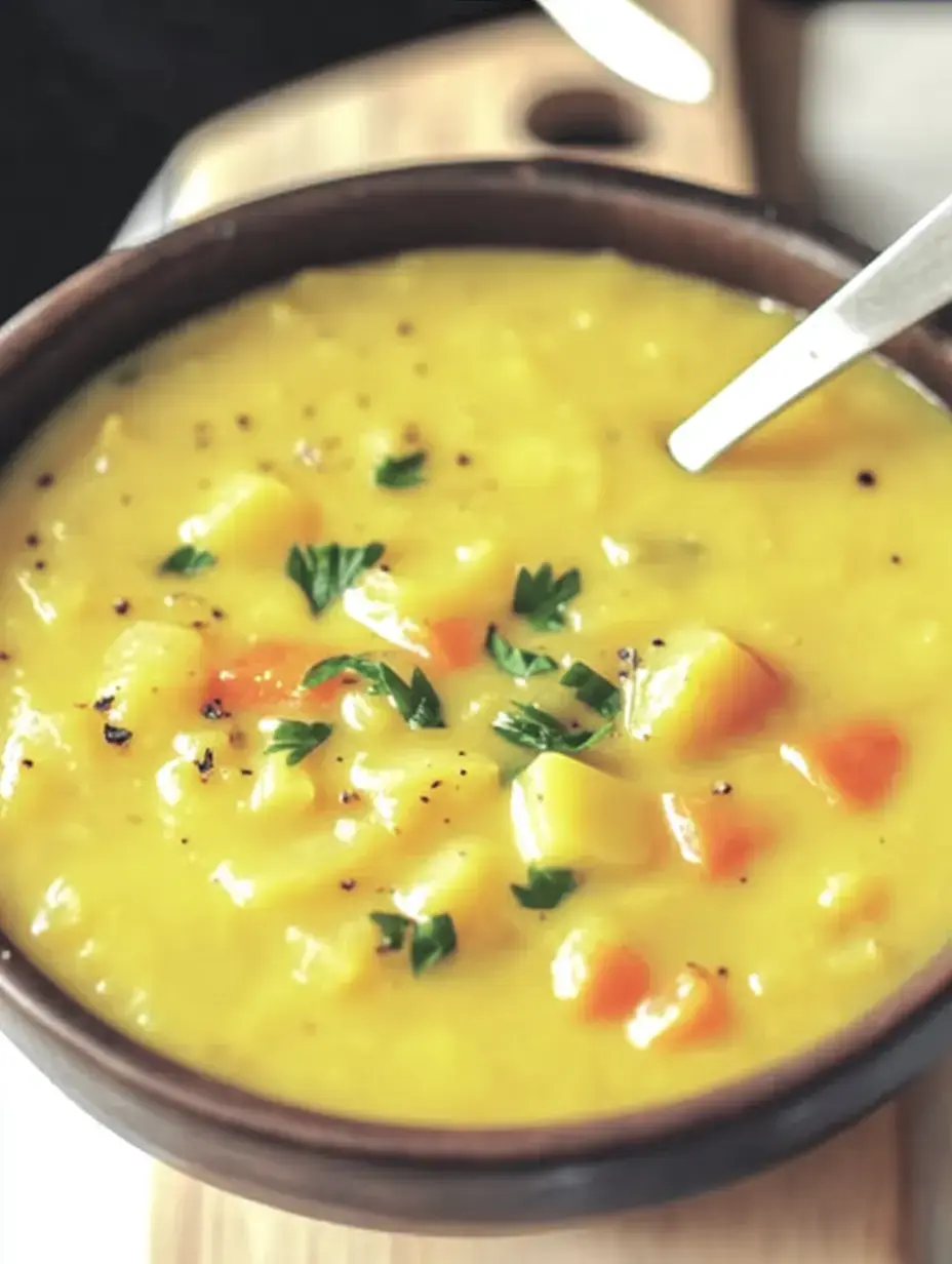 A bowl with silky yellow soup, topped with fresh parsley and chunky veggies.