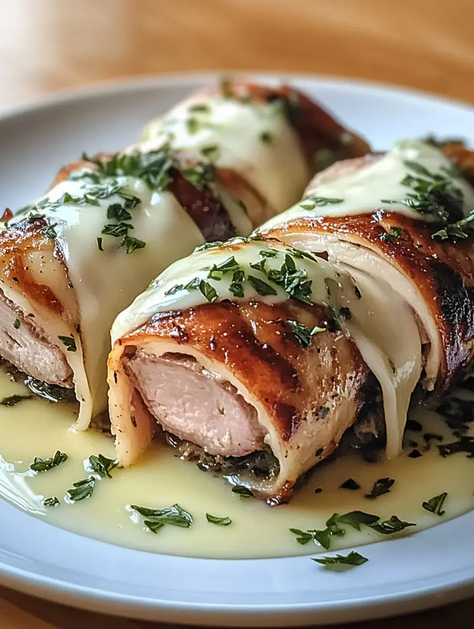 The image shows bacon-wrapped chicken fillets with cheese topping and fresh herb sprinkle on a white plate.