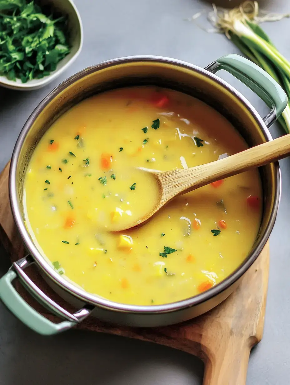 A pot of creamy soup with herbs and colorful veggies sits on a wooden board.
