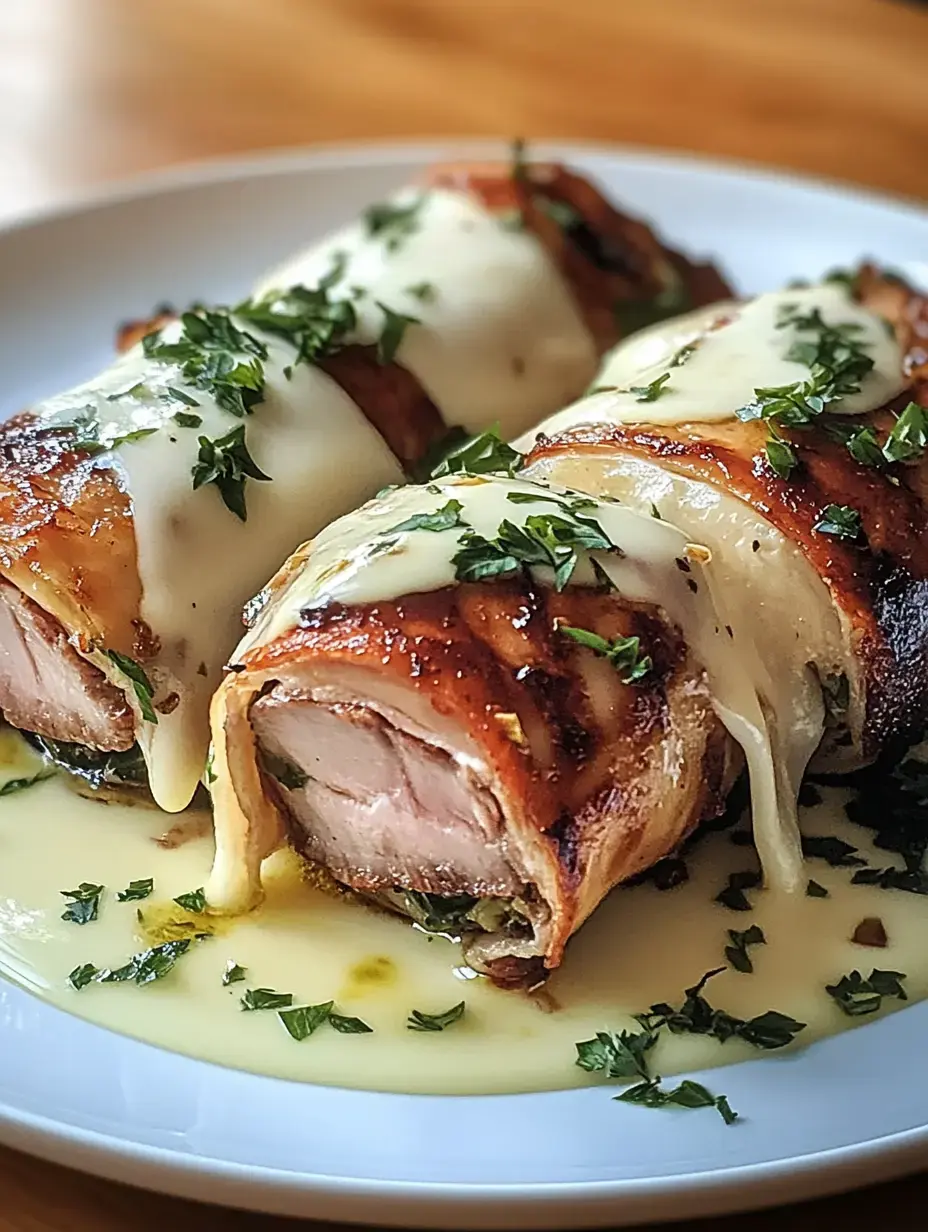 The image shows two bacon-wrapped meat rolls covered with cheese and garnished with fresh herbs.