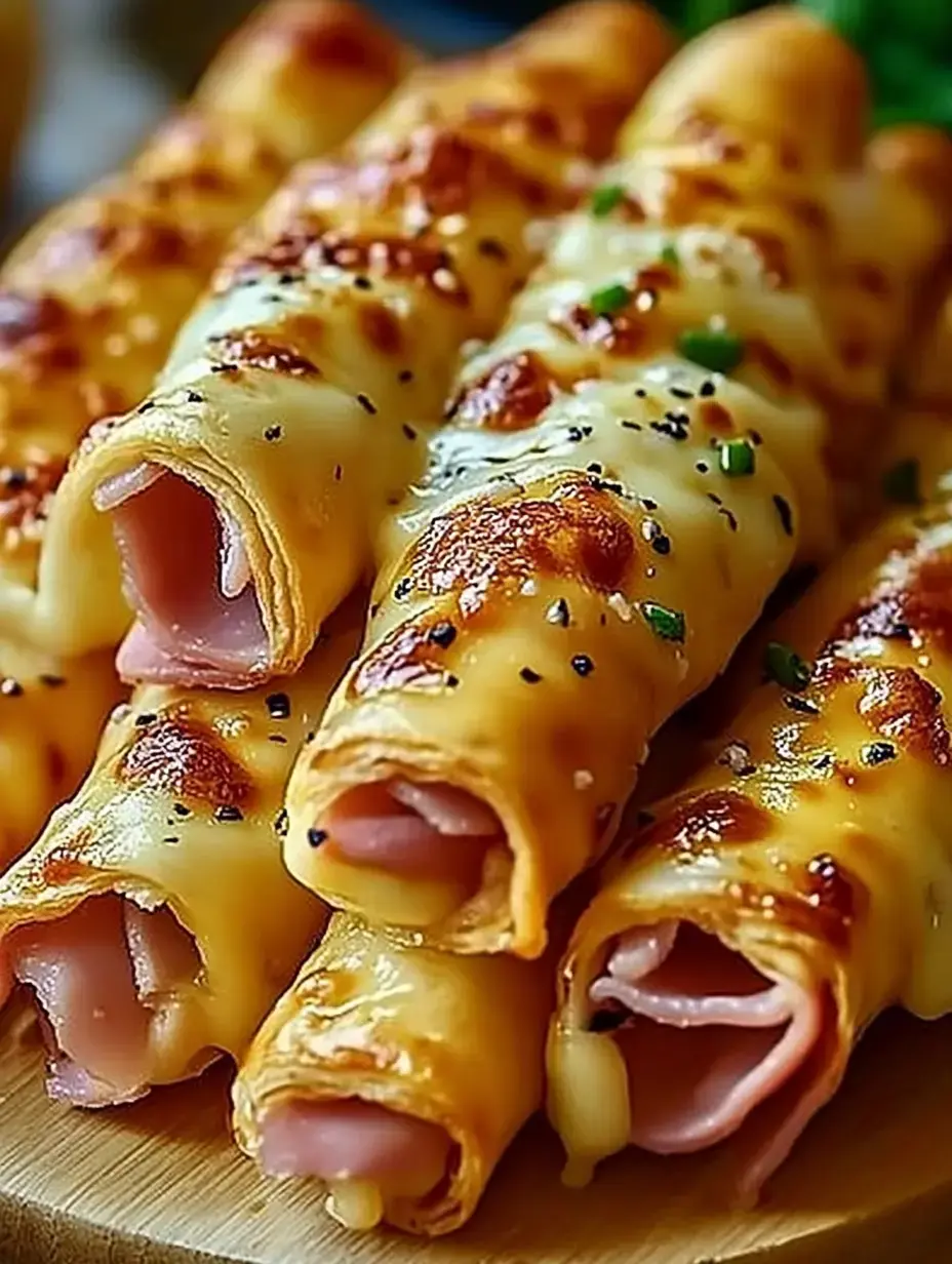 Twisted dough pieces with ham and melted cheese, topped with black seeds and chives.