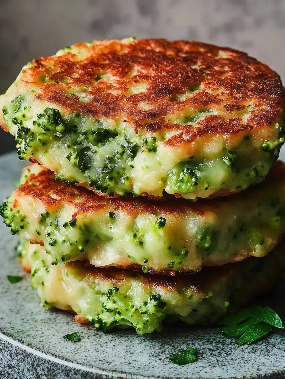 Three crispy golden broccoli fritters stacked high on a gray plate.