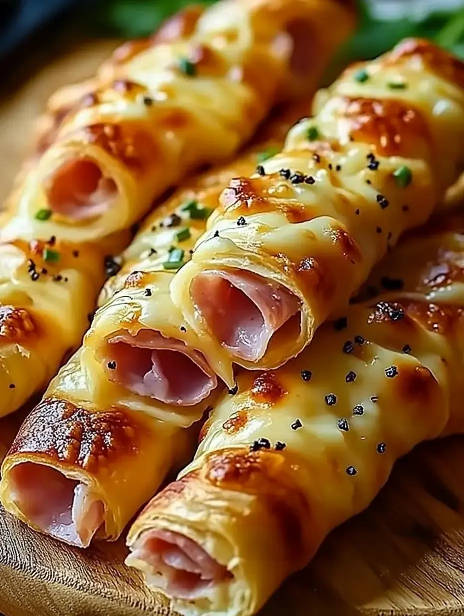 A plate of crispy cheese rolls stuffed with ham and garnished with greens.