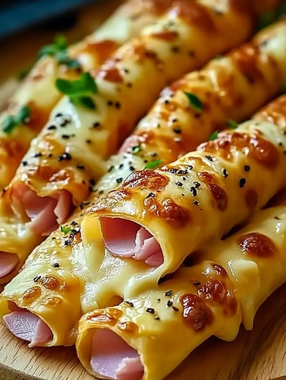 Tasty cheese rolls with ham, baked to perfection and arranged on a wooden board.