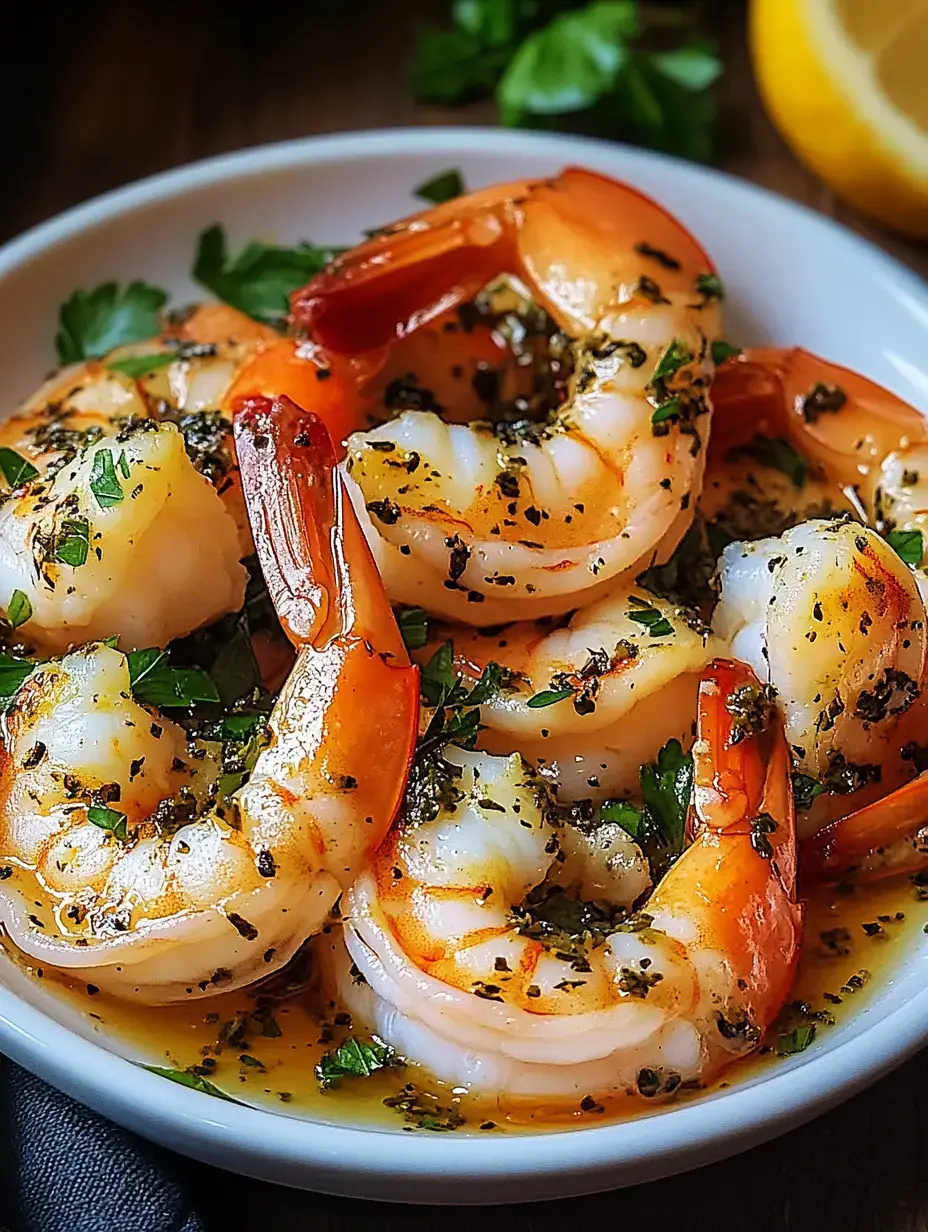 A plate of spicy shrimp dish, topped with fresh herbs and served with a lemon wedge.