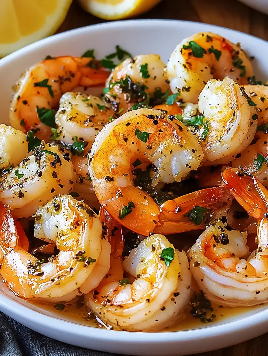 A white bowl containing cooked shrimp garnished with fresh herbs and spices.