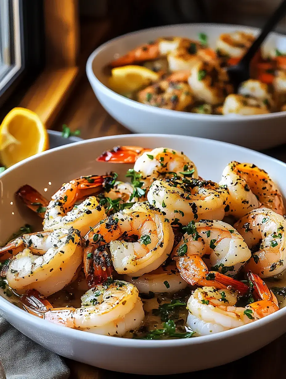 A plate of sautéed shrimp garnished with fresh herbs and lemon.