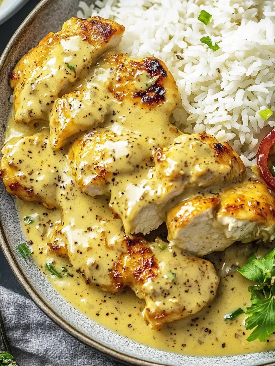 A plate with braised chicken breast in sauce, served with rice and fresh vegetables.