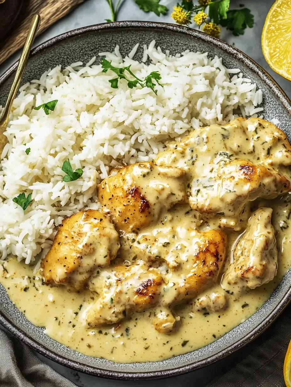 A plate of fried chicken in creamy sauce, served with rice and fresh herbs.