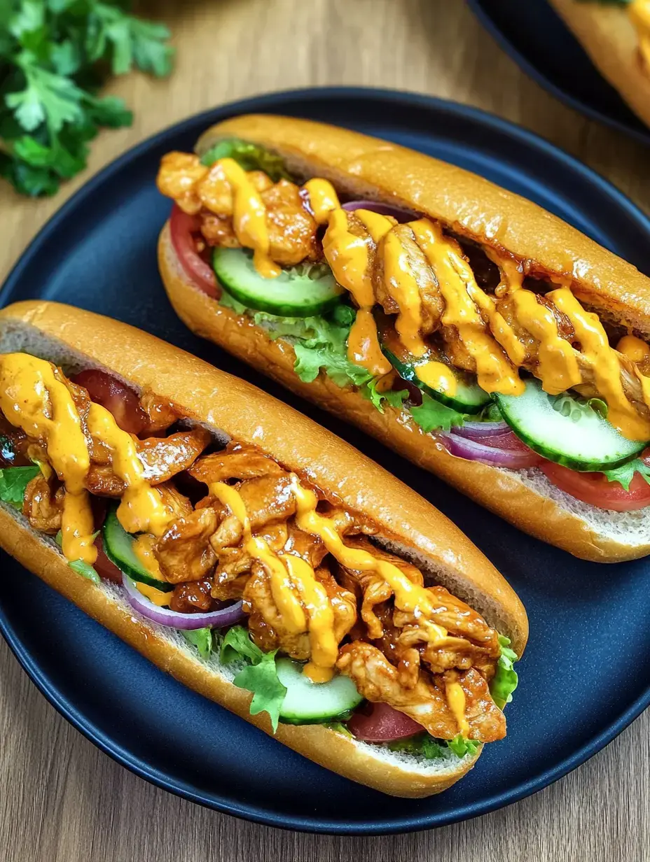 Two loaded hotdogs with seasoned chicken, lettuce, tomatoes, cucumbers and cheese sauce on a black plate.