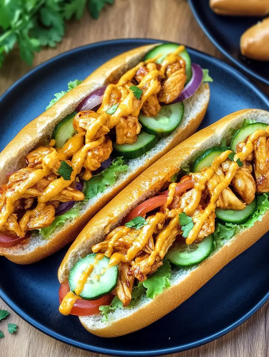 Two hotdogs topped with grilled chicken, cucumbers, tomatoes, onions and spicy sauce on a black plate.