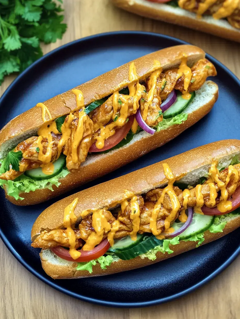 Two sandwiches filled with grilled chicken, vegetables and creamy sauce on a blue plate.