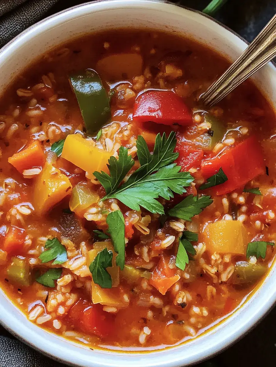 A bowl of colorful vegetable soup garnished with rice, peppers in various colors and fresh parsley.